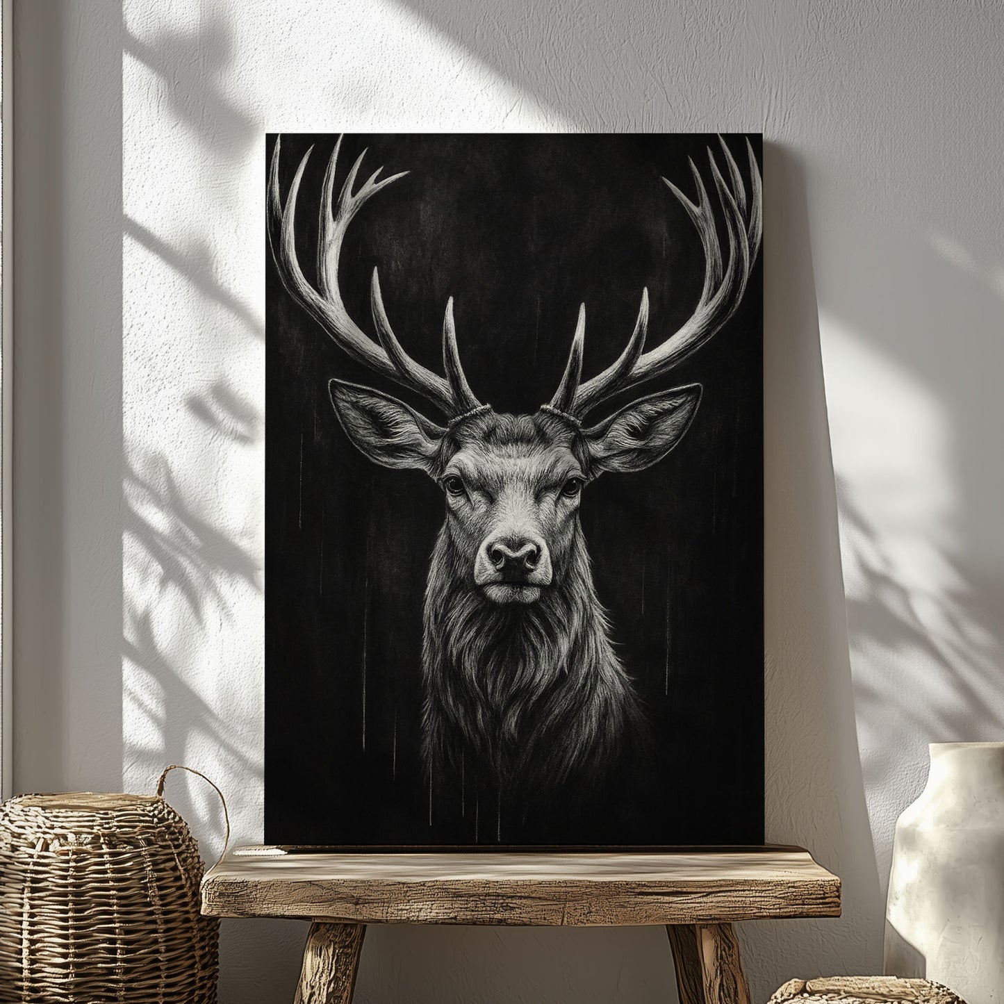 Majestic Stag Portrait Black White Deer Wall Art