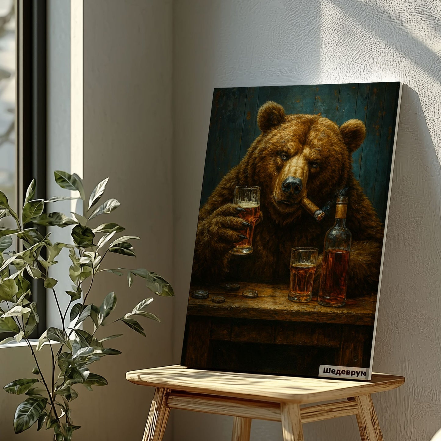Bear with Whiskey & Cigar Canvas Rustic Bar Wall Art