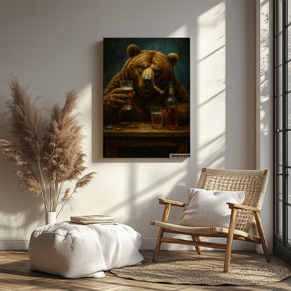 Bear with Whiskey & Cigar Canvas Rustic Bar Wall Art