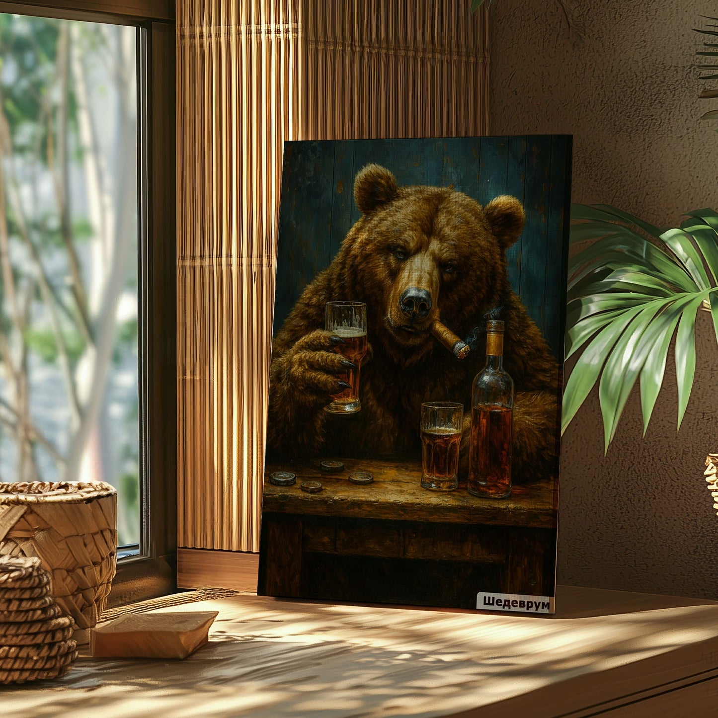 Bear with Whiskey & Cigar Canvas Rustic Bar Wall Art