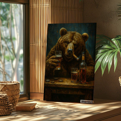 Bear with Whiskey & Cigar Canvas Rustic Bar Wall Art