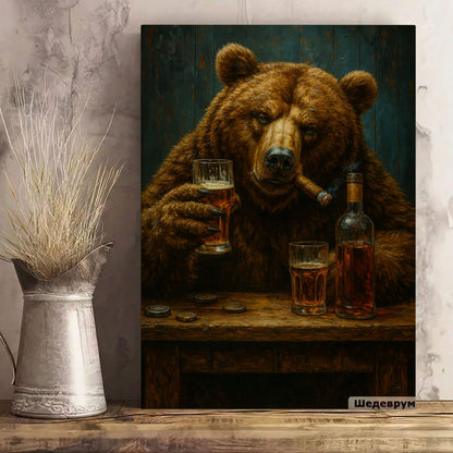Bear with Whiskey & Cigar Canvas Rustic Bar Wall Art