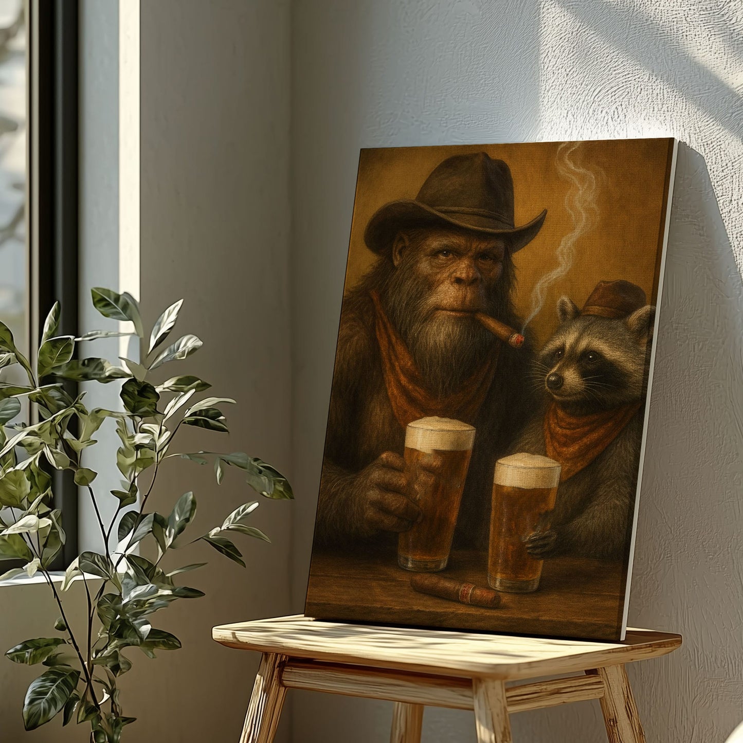 Bigfoot and Raccoon Drinking Beer Wall Art Gift for Hunters Cabin Decor