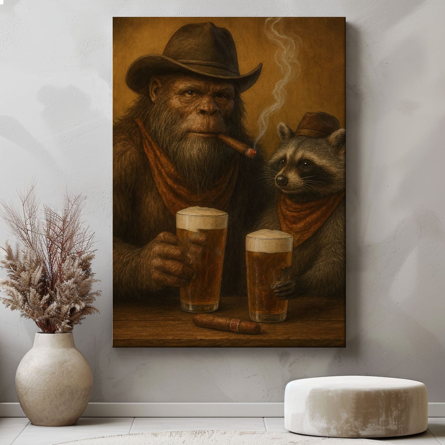 Bigfoot and Raccoon Drinking Beer Wall Art Gift for Hunters Cabin Decor