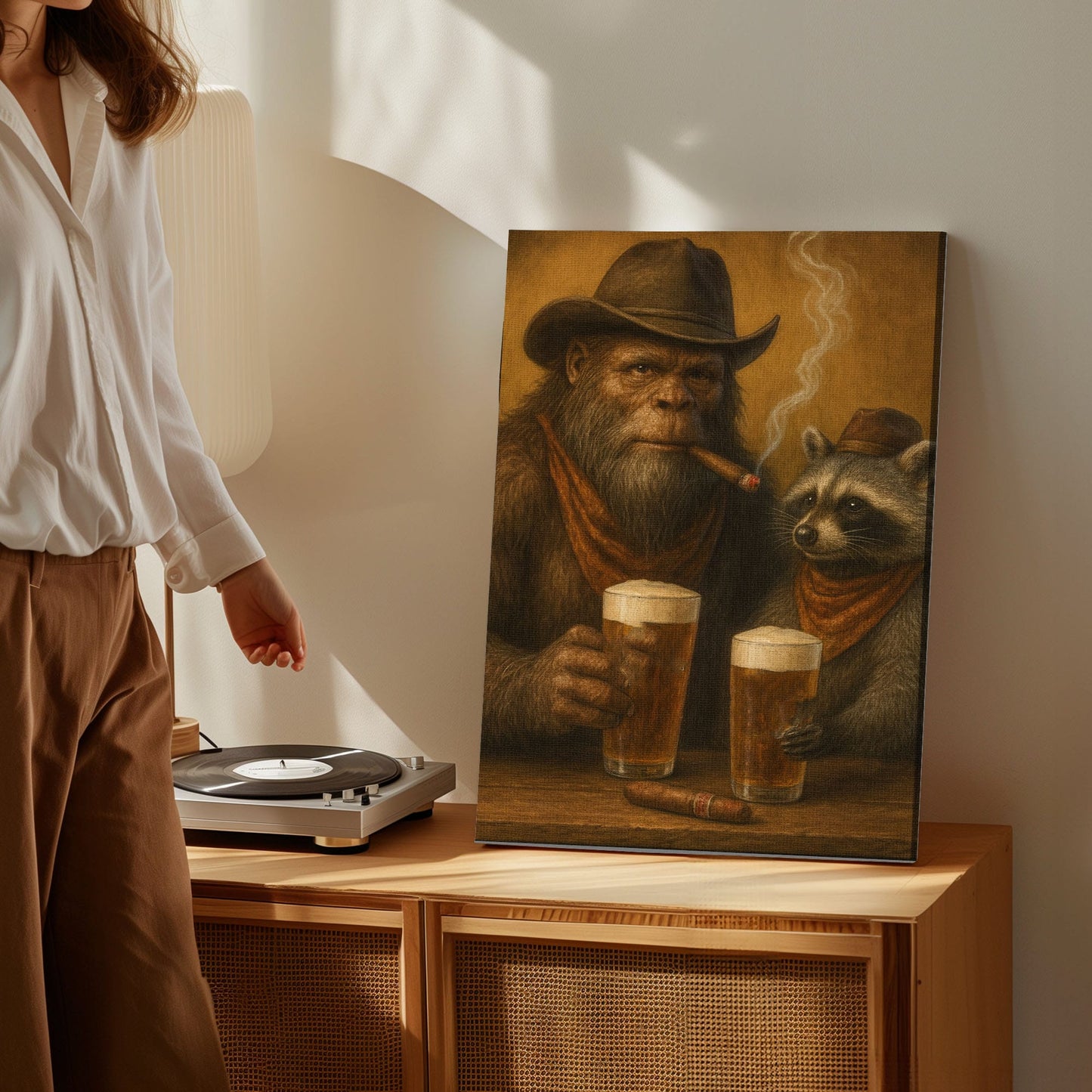 Bigfoot and Raccoon Drinking Beer Wall Art Gift for Hunters Cabin Decor