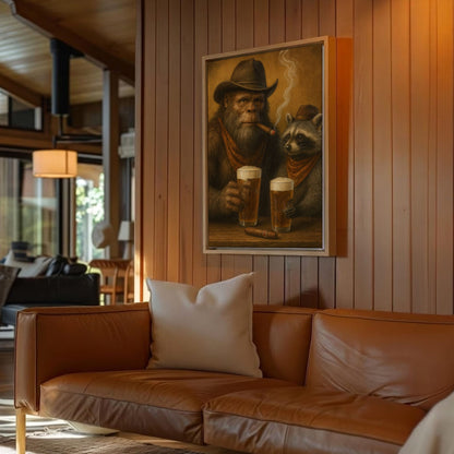 Bigfoot and Raccoon Drinking Beer Wall Art Gift for Hunters Cabin Decor