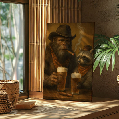 Bigfoot and Raccoon Drinking Beer Wall Art Gift for Hunters Cabin Decor