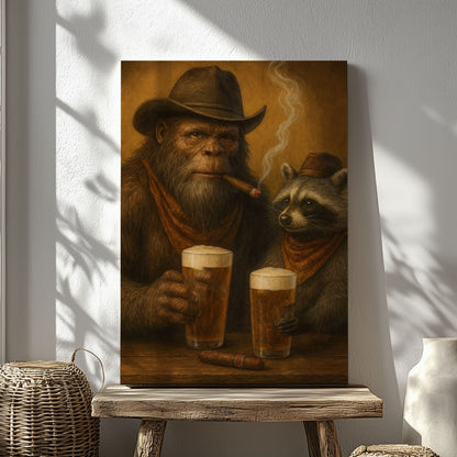Bigfoot and Raccoon Drinking Beer Wall Art Gift for Hunters Cabin Decor