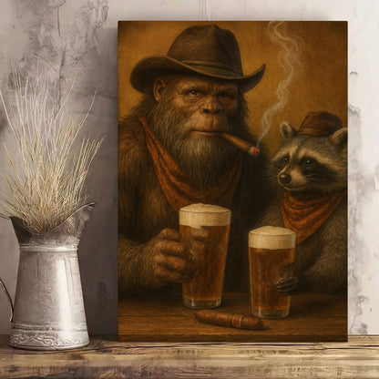 Bigfoot and Raccoon Drinking Beer Wall Art Gift for Hunters Cabin Decor