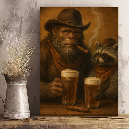 Bigfoot and Raccoon Drinking Beer Wall Art Gift for Hunters Cabin Decor