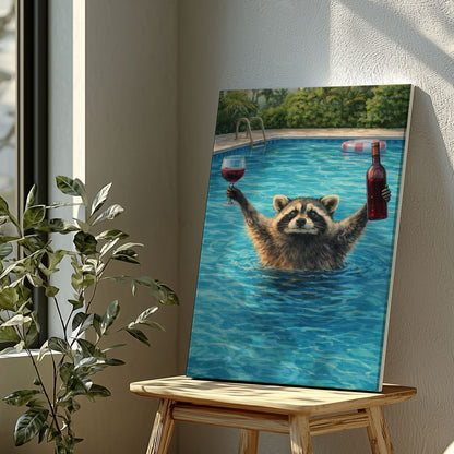 Raccoon Drinking Wine in Swimming Pool Wall Art Gift for Hunters Cabin Decor