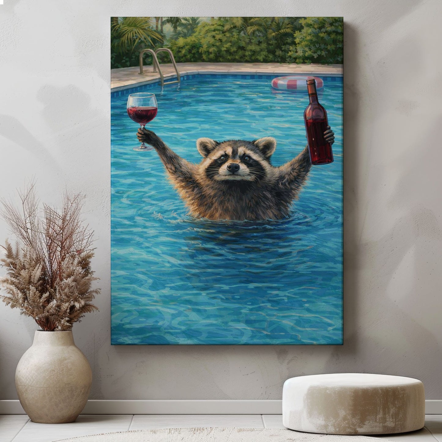 Raccoon Drinking Wine in Swimming Pool Wall Art Gift for Hunters Cabin Decor