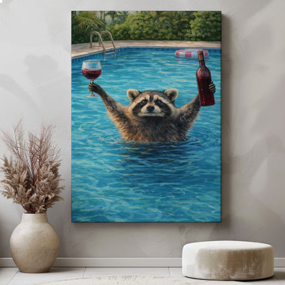 Raccoon Drinking Wine in Swimming Pool Wall Art Gift for Hunters Cabin Decor