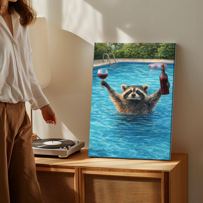 Raccoon Drinking Wine in Swimming Pool Wall Art Gift for Hunters Cabin Decor