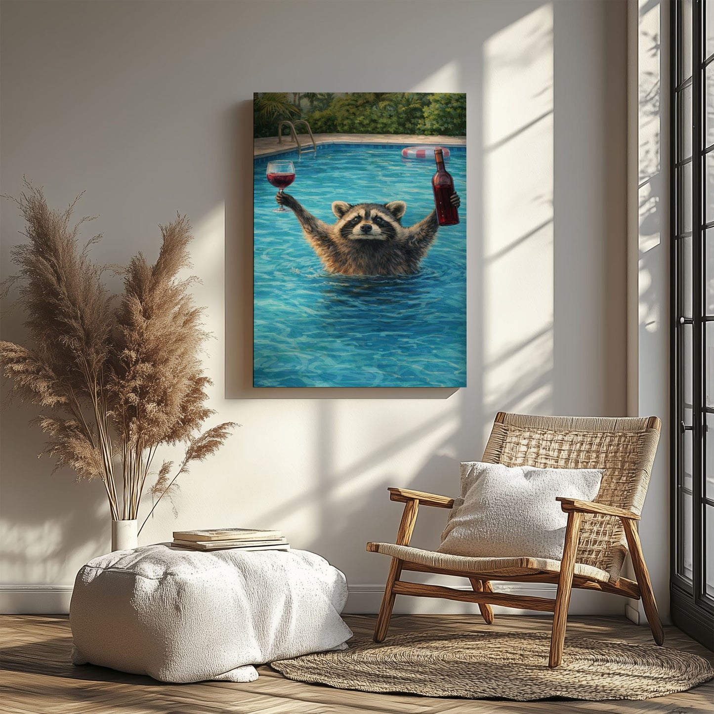 Raccoon Drinking Wine in Swimming Pool Wall Art Gift for Hunters Cabin Decor