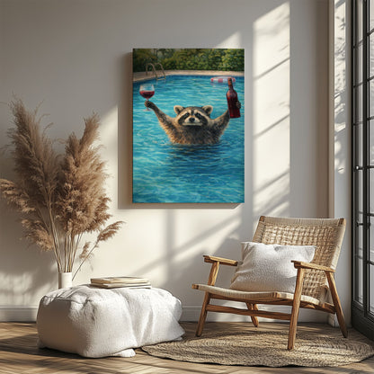 Raccoon Drinking Wine in Swimming Pool Wall Art Gift for Hunters Cabin Decor