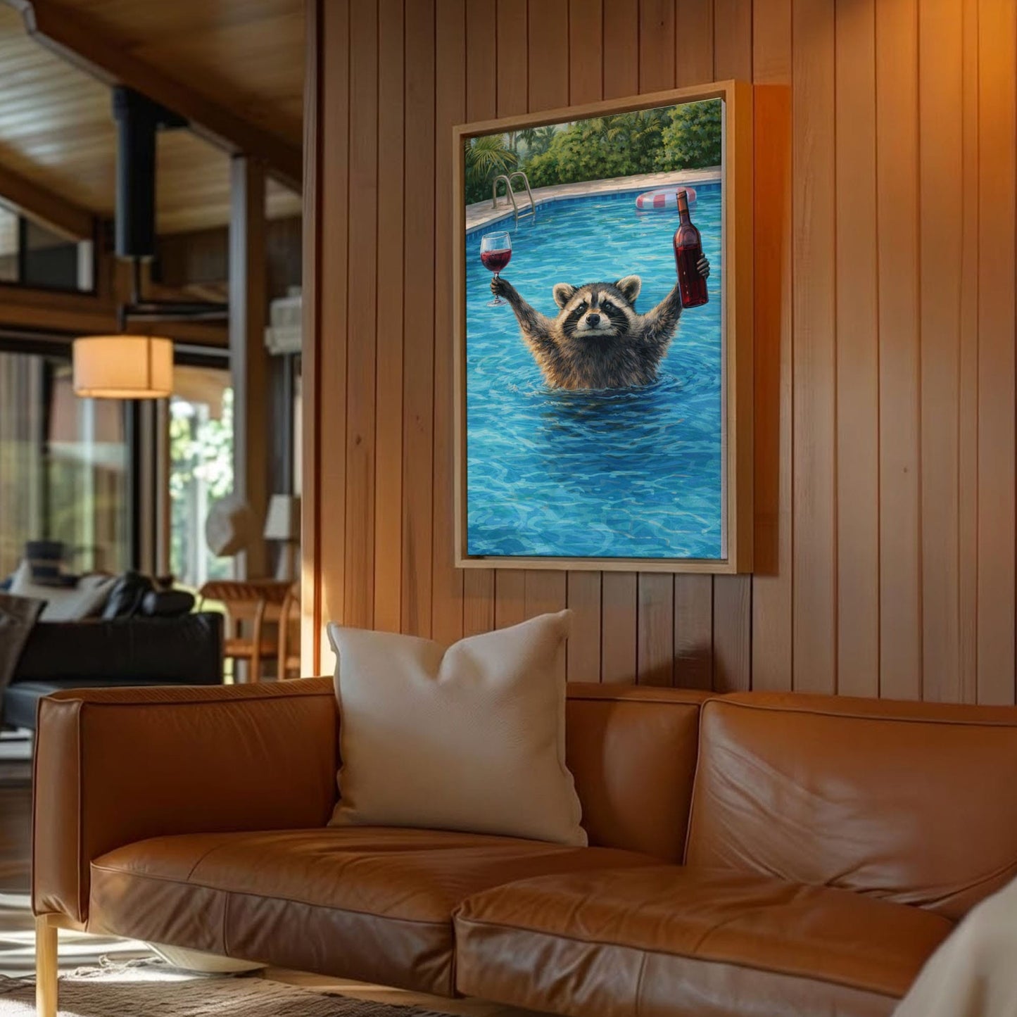 Raccoon Drinking Wine in Swimming Pool Wall Art Gift for Hunters Cabin Decor