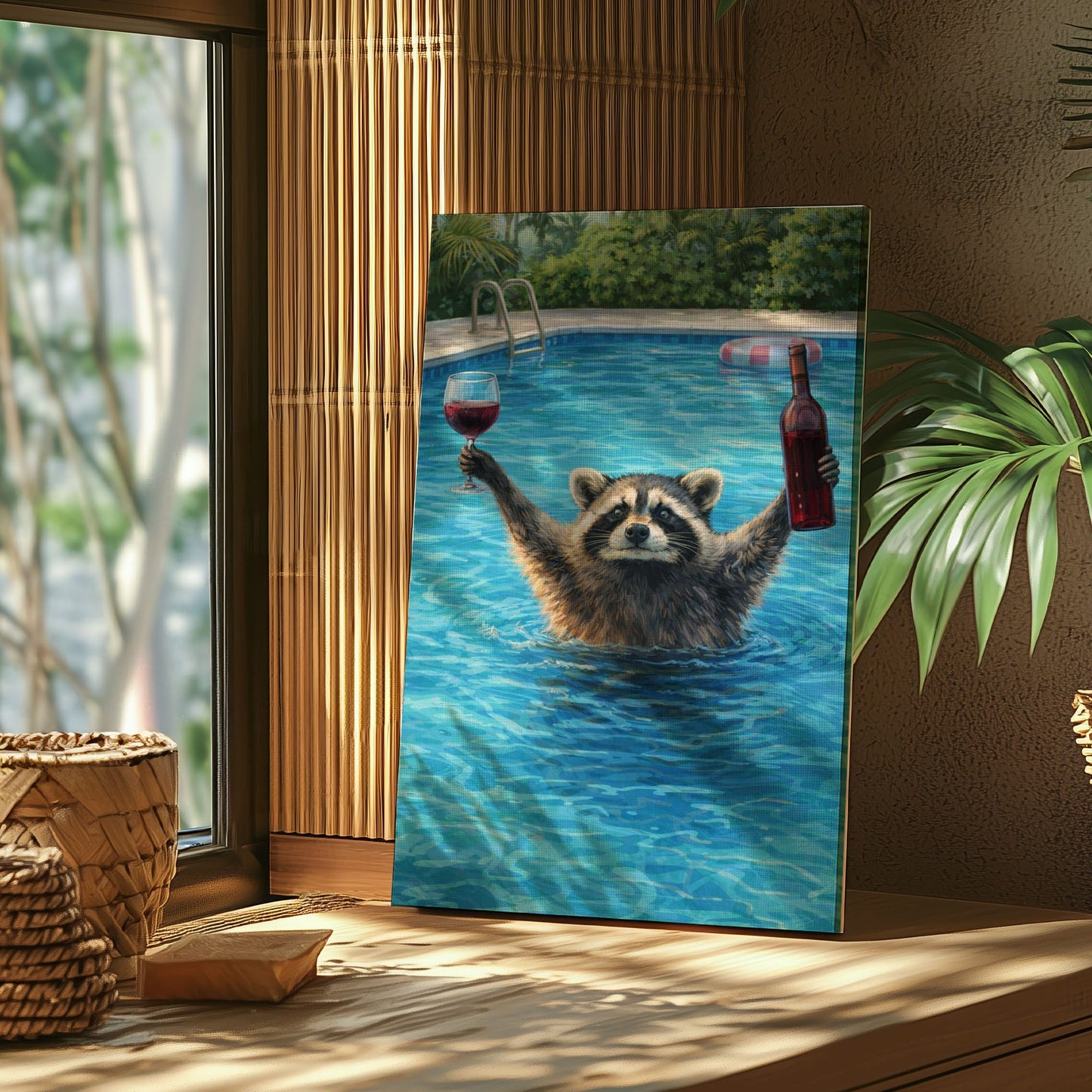Raccoon Drinking Wine in Swimming Pool Wall Art Gift for Hunters Cabin Decor