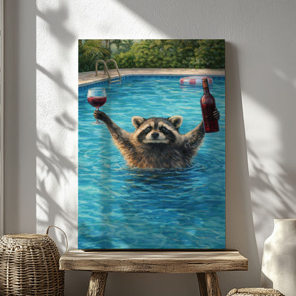 Raccoon Drinking Wine in Swimming Pool Wall Art Gift for Hunters Cabin Decor