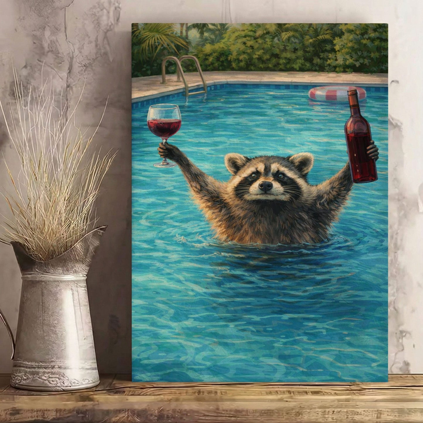 Raccoon Drinking Wine in Swimming Pool Wall Art Gift for Hunters Cabin Decor
