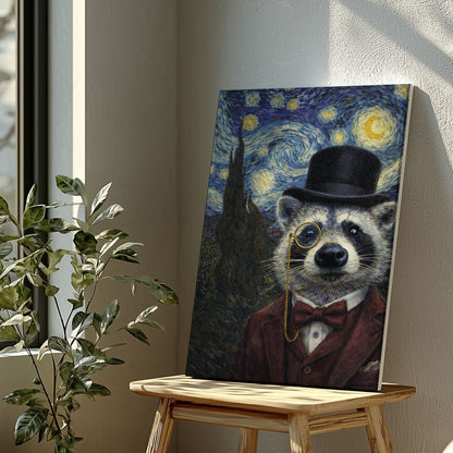 Victorian Gentleman Raccoon Starry Night Wall Art Gift for Hunters Cabin Decor