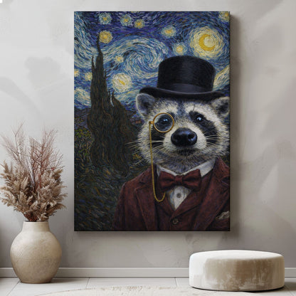 Victorian Gentleman Raccoon Starry Night Wall Art Gift for Hunters Cabin Decor