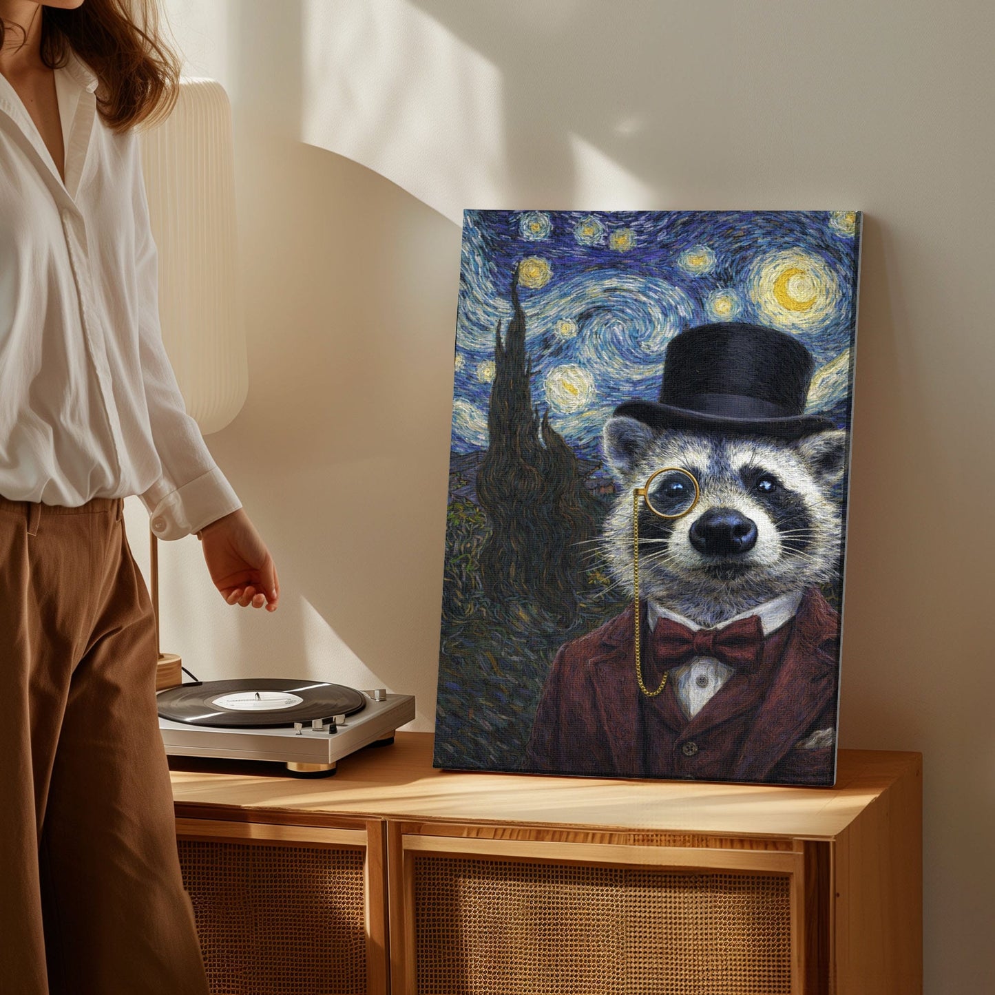 Victorian Gentleman Raccoon Starry Night Wall Art Gift for Hunters Cabin Decor