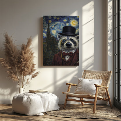 Victorian Gentleman Raccoon Starry Night Wall Art Gift for Hunters Cabin Decor