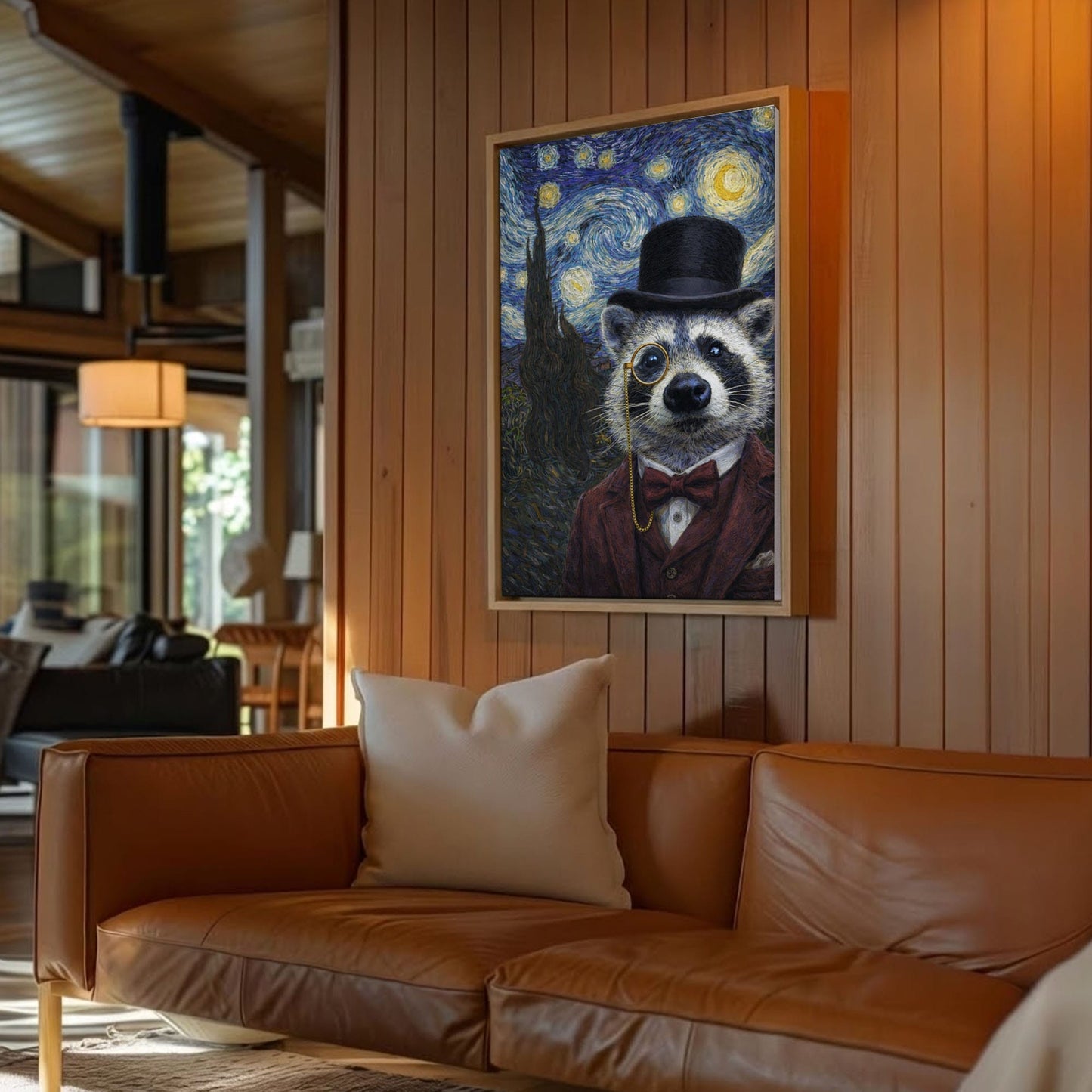 Victorian Gentleman Raccoon Starry Night Wall Art Gift for Hunters Cabin Decor