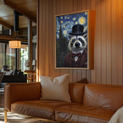 Victorian Gentleman Raccoon Starry Night Wall Art Gift for Hunters Cabin Decor