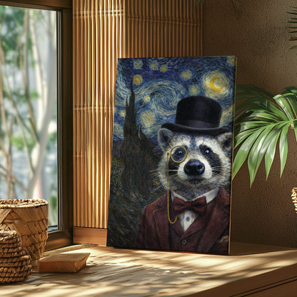 Victorian Gentleman Raccoon Starry Night Wall Art Gift for Hunters Cabin Decor