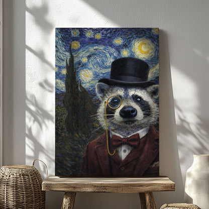 Victorian Gentleman Raccoon Starry Night Wall Art Gift for Hunters Cabin Decor