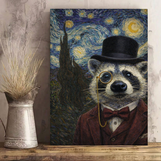 Victorian Gentleman Raccoon Starry Night Wall Art Gift for Hunters Cabin Decor