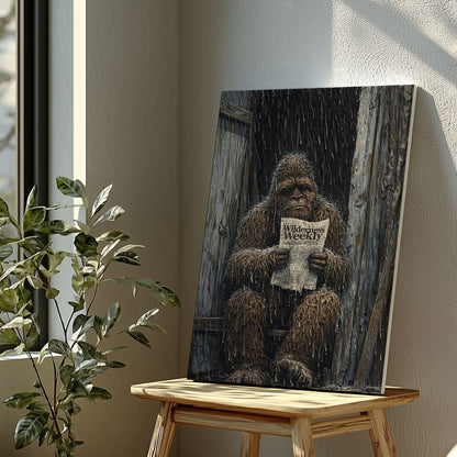 Bigfoot Reading Newspaper Canvas Rustic Outdoor Wall Art