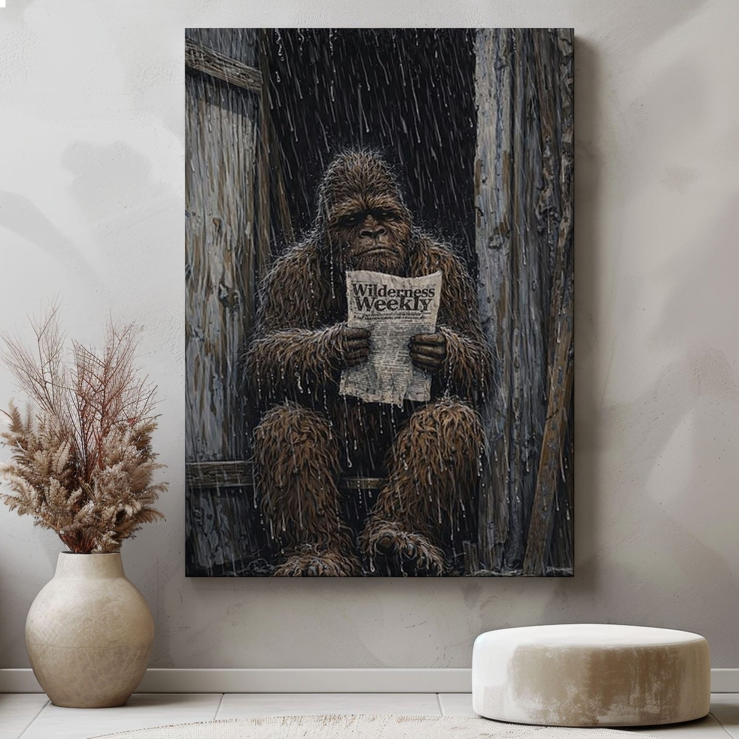 Bigfoot Reading Newspaper Canvas Rustic Outdoor Wall Art