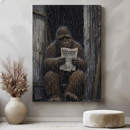 Bigfoot Reading Newspaper Canvas Rustic Outdoor Wall Art
