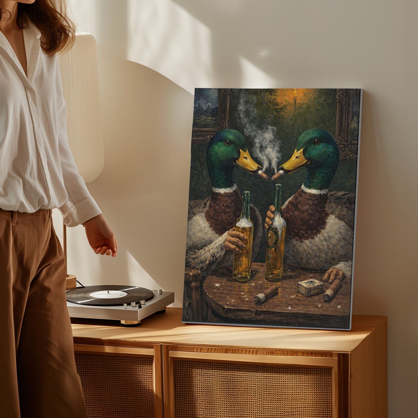 Drinking Mallard Duck Canvas Print Wall Art