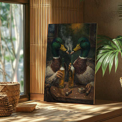 Drinking Mallard Duck Canvas Print Wall Art