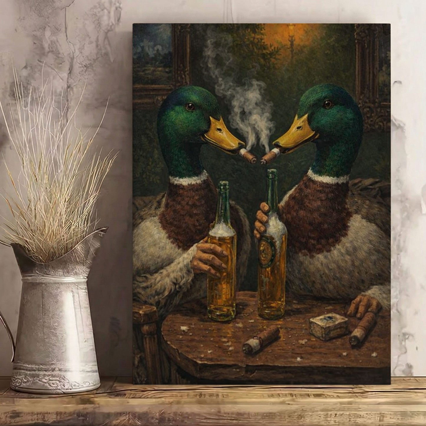 Drinking Mallard Duck Canvas Print Wall Art