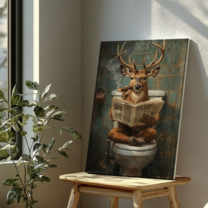 Deer on Toilet Smoking Cigar Wall Art Gift for Hunters Cabin Decor