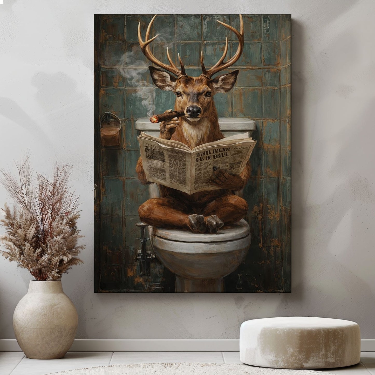 Deer on Toilet Smoking Cigar Wall Art Gift for Hunters Cabin Decor