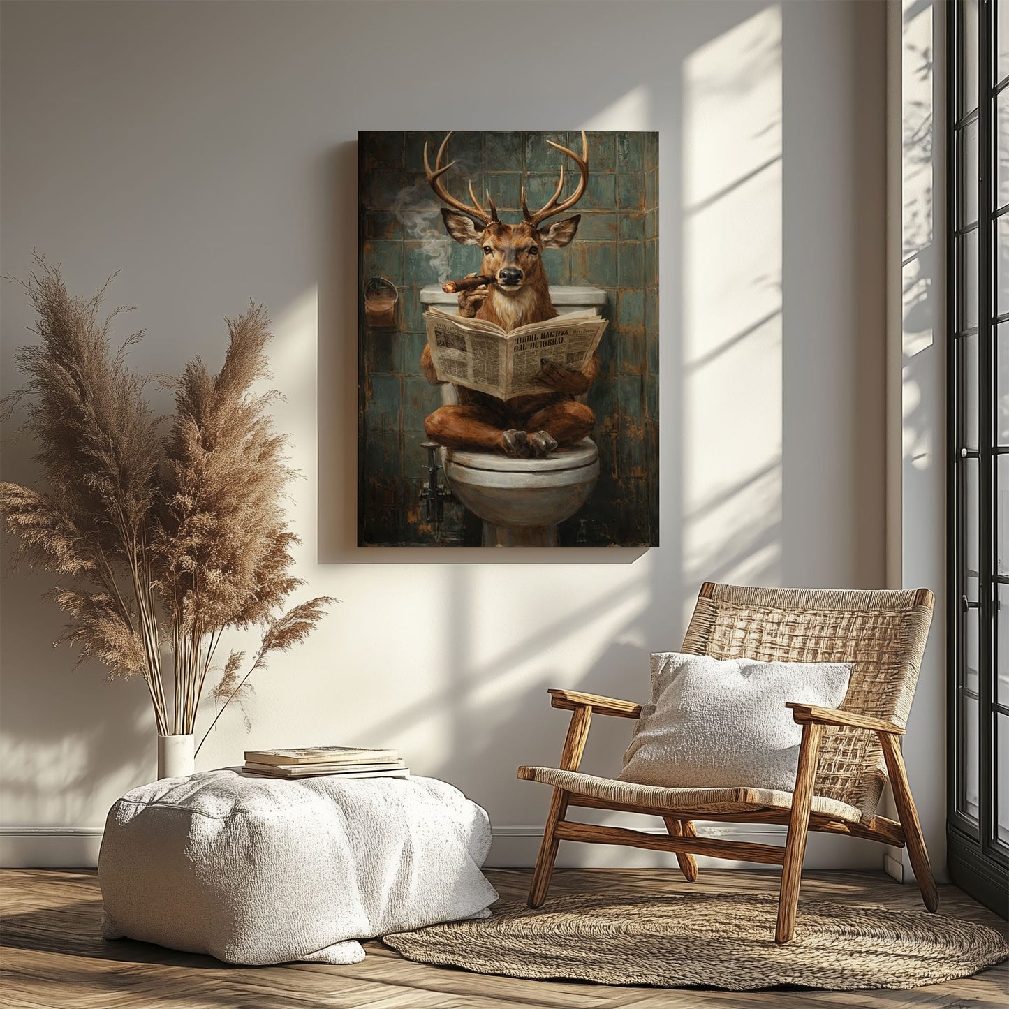 Deer on Toilet Smoking Cigar Wall Art Gift for Hunters Cabin Decor