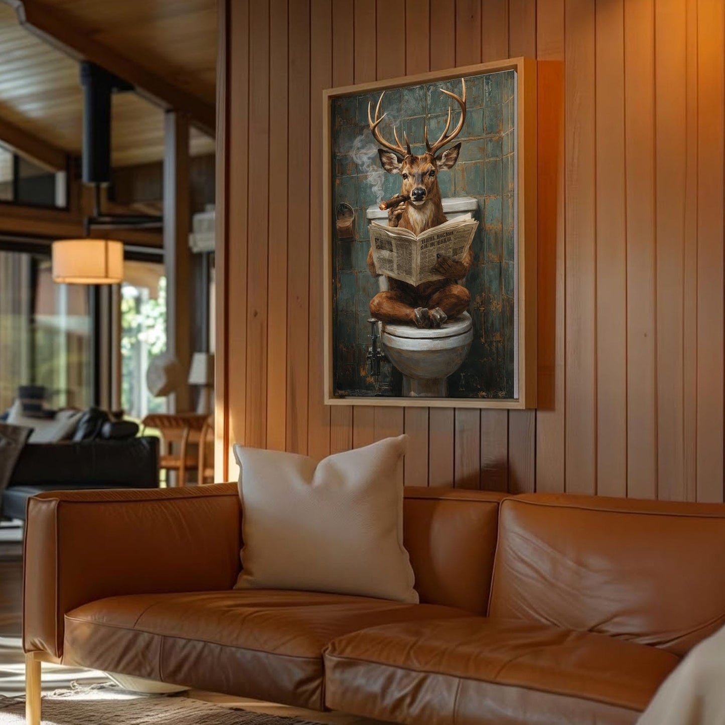 Deer on Toilet Smoking Cigar Wall Art Gift for Hunters Cabin Decor
