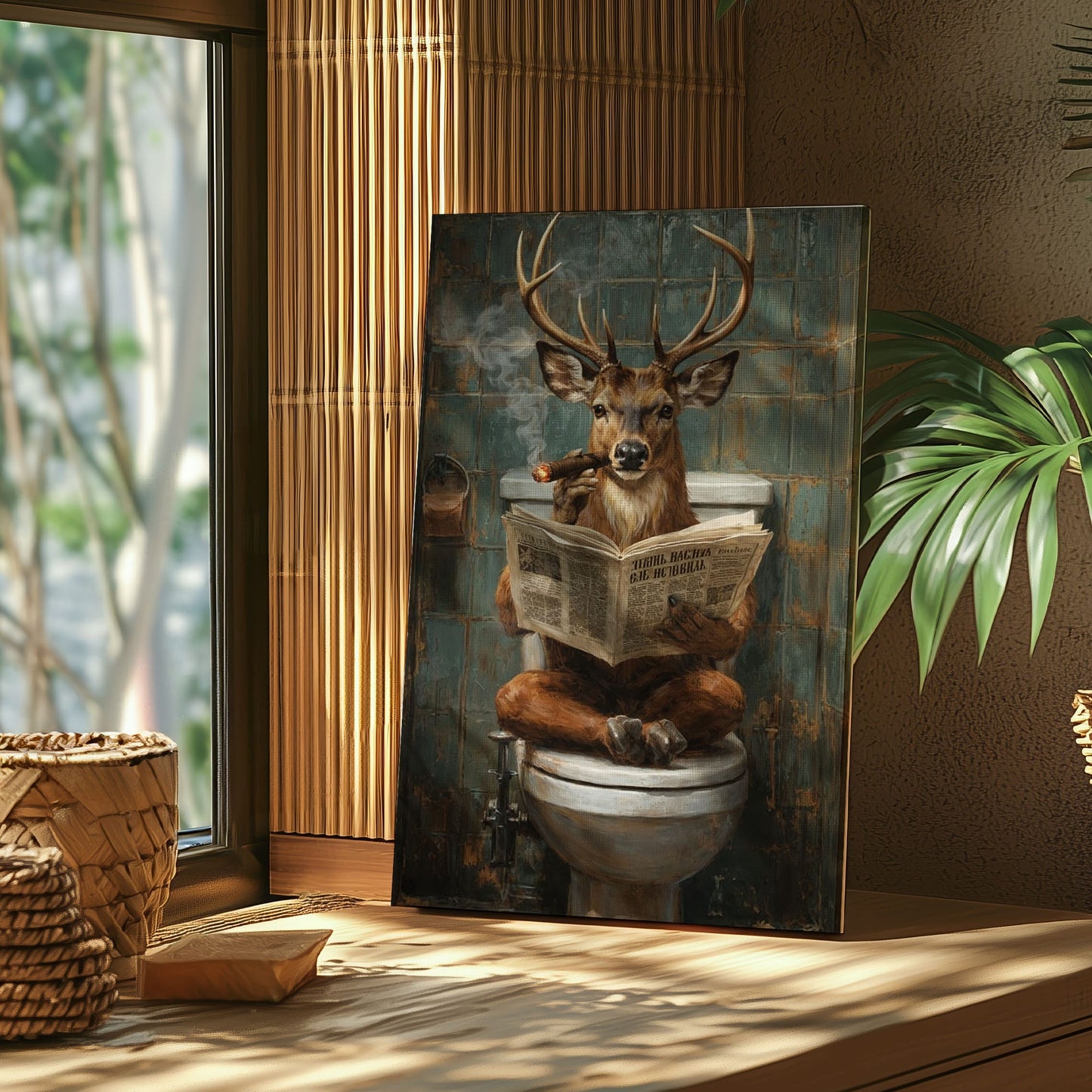 Deer on Toilet Smoking Cigar Wall Art Gift for Hunters Cabin Decor