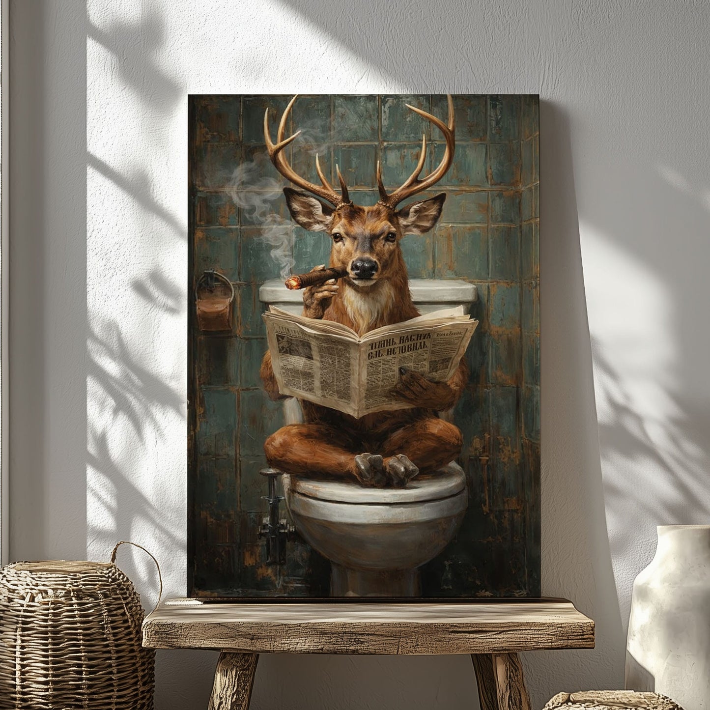 Deer on Toilet Smoking Cigar Wall Art Gift for Hunters Cabin Decor