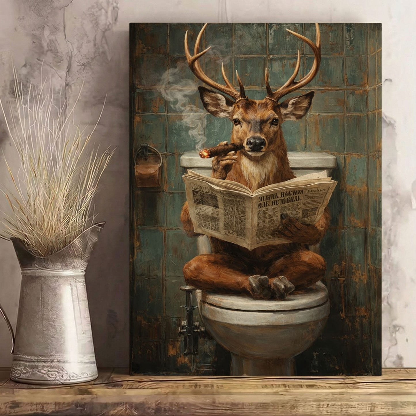 Deer on Toilet Smoking Cigar Wall Art Gift for Hunters Cabin Decor