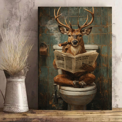 Deer on Toilet Smoking Cigar Wall Art Gift for Hunters Cabin Decor
