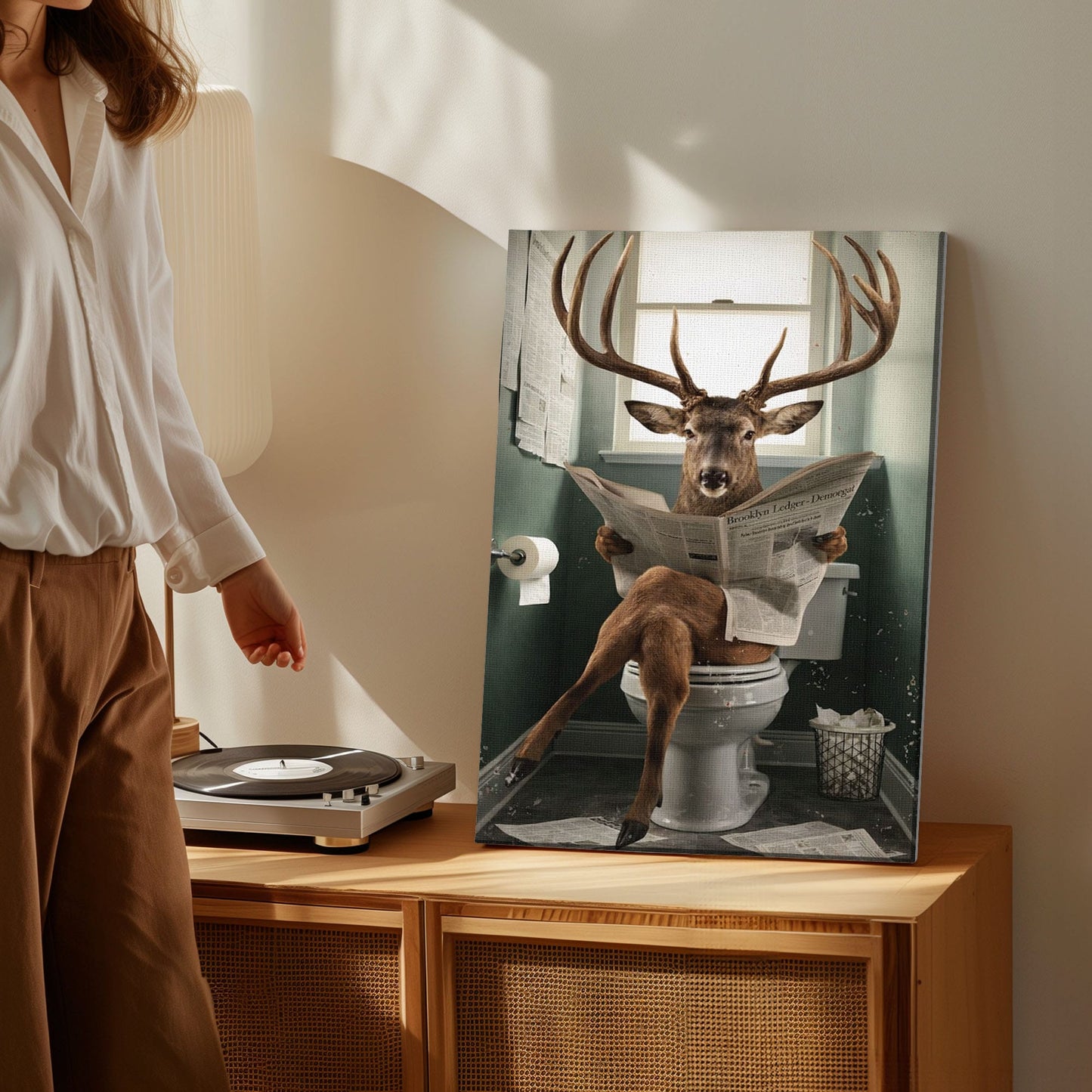 Deer Reading Newspaper Toilet Wall Art Gift for Hunters Cabin Decor