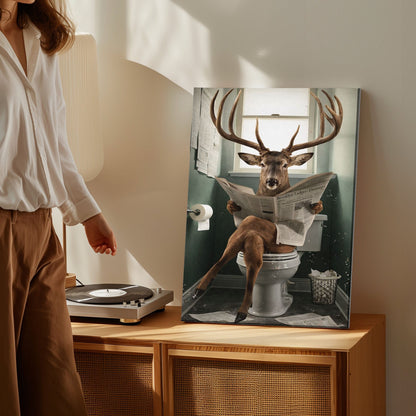 Deer Reading Newspaper Toilet Wall Art Gift for Hunters Cabin Decor