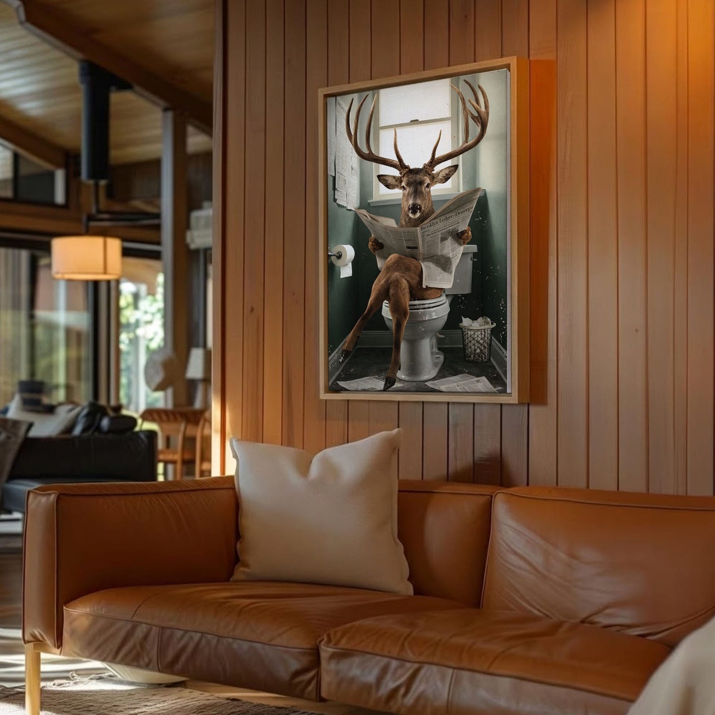 Deer Reading Newspaper Toilet Wall Art Gift for Hunters Cabin Decor